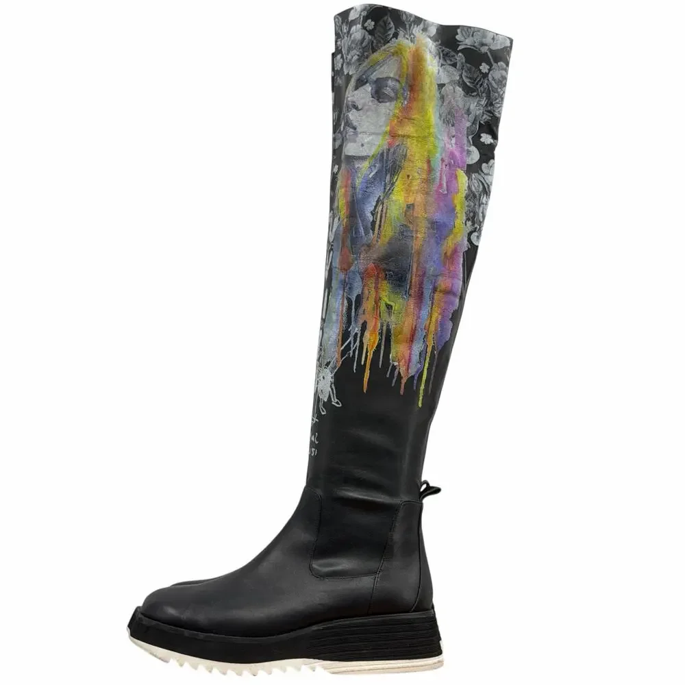 Roksolana Graphic Knee High Boots 40 Women Black Art to Wear Designer Punk Rock